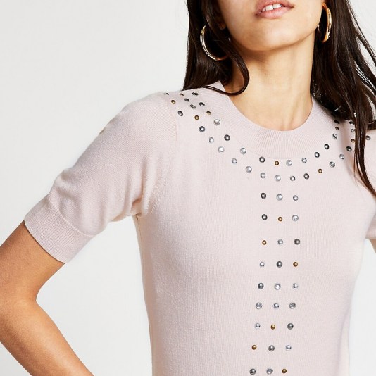 River Island Beige stud detail knitted Top | studded crew neck sweater