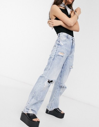 Bershka 90’s straight leg jeans with rips in light blue | destroyed | distressed | ripped