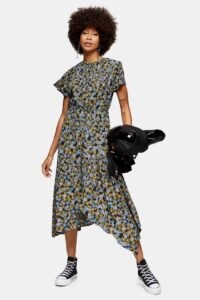 TOPSHOP Black Daisy Print Ruched Neck Midi Dress / asymmetric hemline dresses