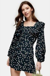 TOPSHOP Black Daisy Print Ruffle Playsuit