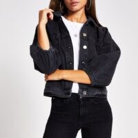 RIVER ISLAND Black long sleeve cinched waist denim jacket ~ casual outerwear