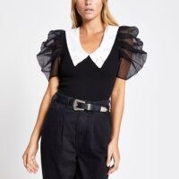 River Island Black organza short sleeve collar top | monochrome puff sleeved tops