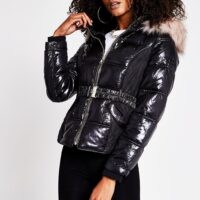 RIVER ISLAND Black quilted double zip padded jacket ~ high-shine jackets ~ removable faux fur trim hoods