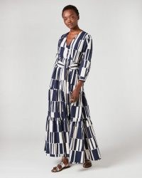 JIGSAW BLOCK STRIPE WRAP DRESS / navy and white waist-tie maxi