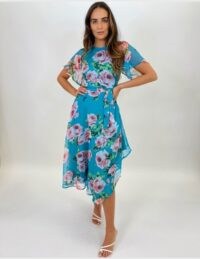 FOREVER UNIQUE Blue Floral And Butterfly Mix Print Tea Dress / asymmetric hemline dresses