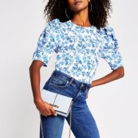 River Island Blue floral short sleeve poplin frill tee