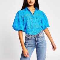 River Island Bright blue long sleeve broderie shirt | puff sleeve blouses