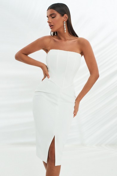 lavish alice corset midi dress in white | strapless fitted-bodice ...