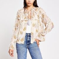 RIVER ISLAND Cream floral long sleeve embellished jacket / lightweight floaty jackets