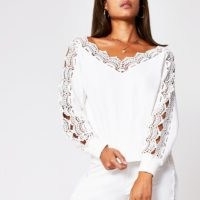 RIVER ISLAND Cream scallop lace bardot top ~ cut-out sleeve detail tops