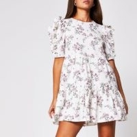 River Island Cream short sleeve cotton floral mini dress | ruffle detail dresses