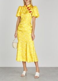 DE LA VALI Bluebell floral-print satin midi dress / yellow oriental inspired fashion