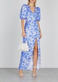 DE LA VALI Ohio floral-print satin maxi dress / blue thigh-high split summer dresses