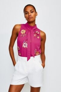 KAREN MILLEN Embellished Tie Neck Top / pink sequinned sleeveless tops