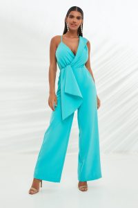 LAVISH ALICE folded lapel wrap straight leg jumpsuit in aqua ~ statement jumpsuits