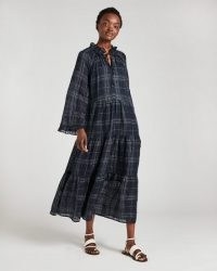 JIGSAW GAUZE CHECK TIERED MAXI DRESS / floaty ruffle trim dresses