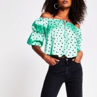 River Island Green spot puff sleeve bardot | off the shoulder top