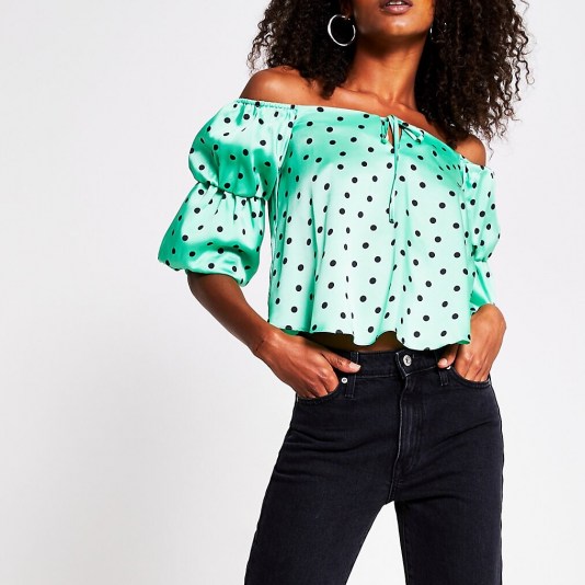 River Island Green spot puff sleeve bardot | off the shoulder top