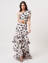 FOREVER UNIQUE Ivory And Black Floral One Shoulder Ruffle Maxi Dress / long ruffled Spanish style dresses