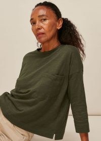 WHISTLES COTTON POCKET TOP KHAKI / dark green drop shoulder tee / ereryday wardrobe essentials