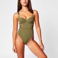 RIVER ISLAND Khaki plunge strappy cut out swimsuit ~ dark green swimwear