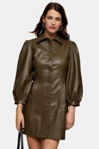 Topshop Khaki PU Shirt Mini Dress ~ dark green front button dresses