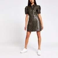 River Island Khaki puff sleeve shirt dress | dark green leather dresses