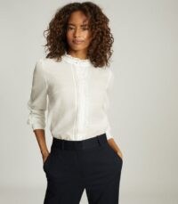 REISS LIDDY RUFFLE DETAILED SHIRT WHITE / ruffled neck blouse