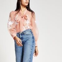 River Island Light pink organza embroidered blouse | sheer puff sleeve blouses