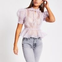 River Island Lilac short sleeve sheer organza top | frill detail peplum blouse