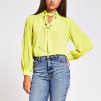 RIVER ISLAND Lime long sleeve tie front eyelet blouse ~ bright tie neck blouses