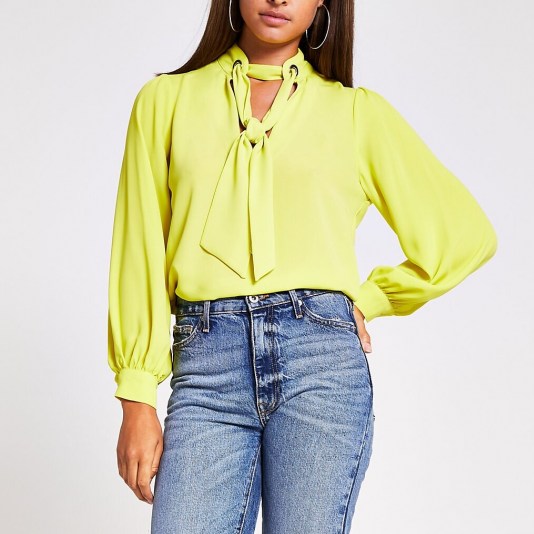 RIVER ISLAND Lime long sleeve tie front eyelet blouse ~ bright tie neck ...