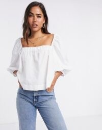 Mango poplin square neck blouse with puff sleeves in white | essential summer top