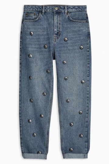 Topshop Mid Blue Yin Yang Mom Jeans | embellished | symbol embellishments