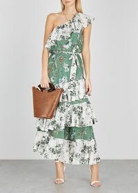 MISA Faena floral-print ruffle-trimmed maxi dress – feminine summer one shoulder dresses