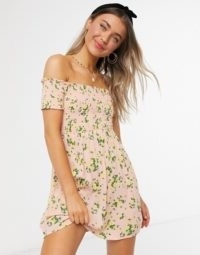 Miss Selfridge shirred mini dress in pink / smocked bardot dresses