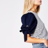 River Island Navy stripe puff sleeve t-shirt | tie detail sleeves