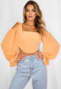 Missguided peach chiffon cold shoulder corset crop top | fitted bodice tops with balloon sleeves