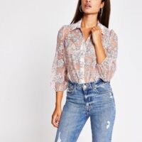 RIVER ISLAND Pink floral organza long sleeve shirt / feminine semi sheer shirts