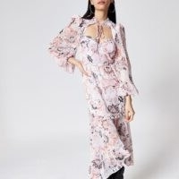 River Island Pink printed frill tie neck midi dress – cut out sweetheart neckline dresses – romantic look fashion