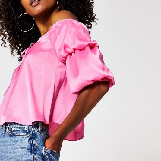 River Island Pink puff sleeve bardot top | off the shoulder tops