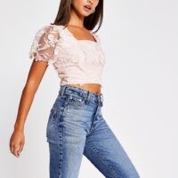 River Island Pink short sleeve 3D mesh floral crop top | sheer puffed sleeves