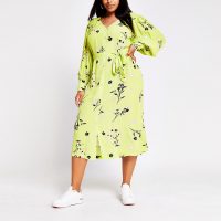 RIVER ISLAND Plus lime long sleeve printed midi dress