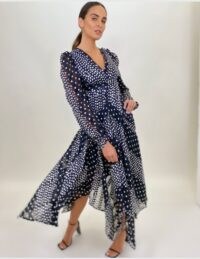 FORVER UNIQUE Polka Dot & Panel Contrast Handkerchief Maxi Dress