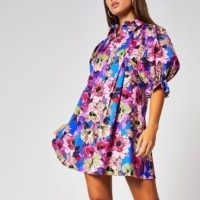 River Island Purple floral pleated mini shirt dress