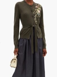 BROCK COLLECTION Ramo floral-embroidered wool-blend cardigan / dark green waist tie cardigans