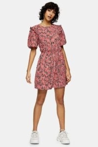 Topshop Red Animal Print Puff Sleeve Mini Dress