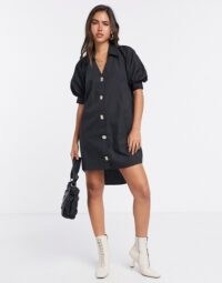 River Island button front puff sleeve mini dress in black | high low shirt dresses