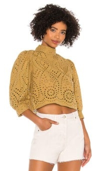 ROLLA’S Stephanie Lace Blouse – Harvest | puff sleeve high neck cut-out top