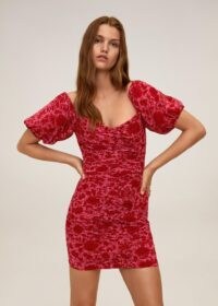 MANGO OTTO Ruched floral dress / pink puffed sleeve mini